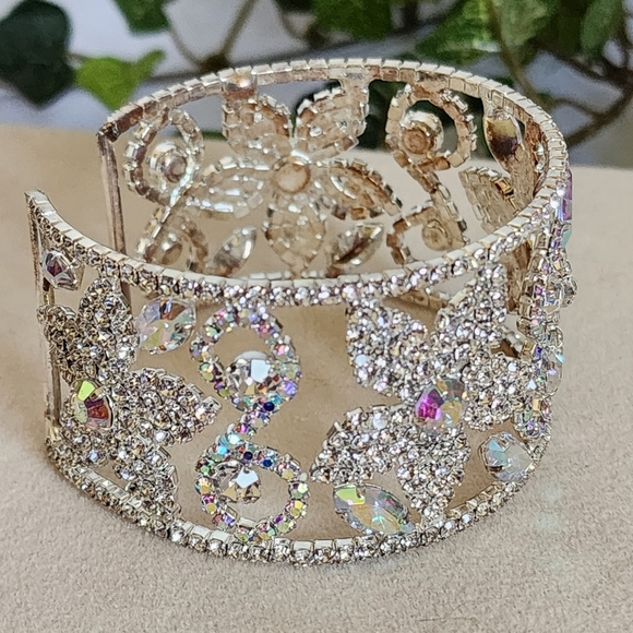 Silver Open Cuff Glam Bracelet Iridescent and Clear Crystal Design - Picture 4 of 8